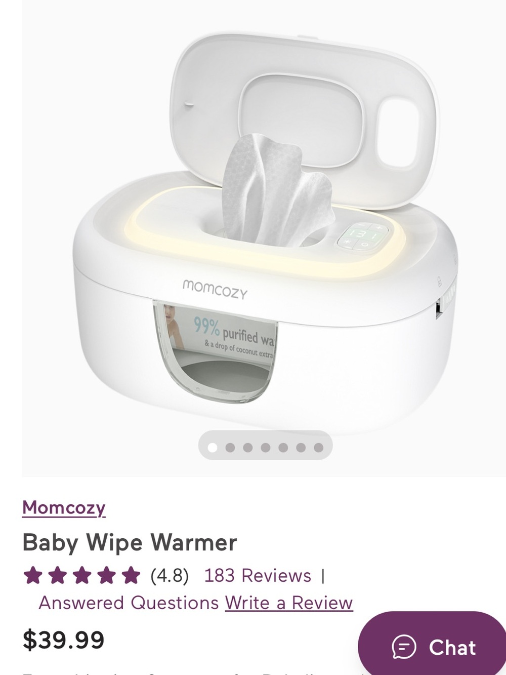 NEVER USED! Momcozy White Baby Wipe Warmer - Gentle Heated Wipes
